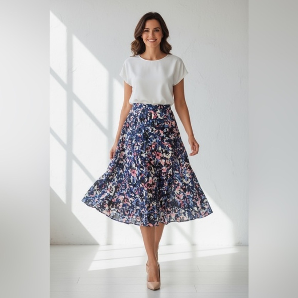 Talbots Navy Floral Midi Skirt